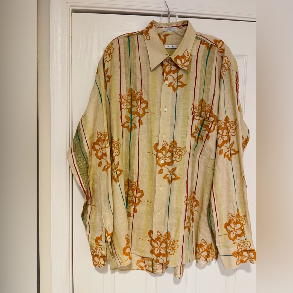 Men’s Bumka  Bibas Long Sleeve Floral 100% Linen Beige Hawaiian Shirt Size Large